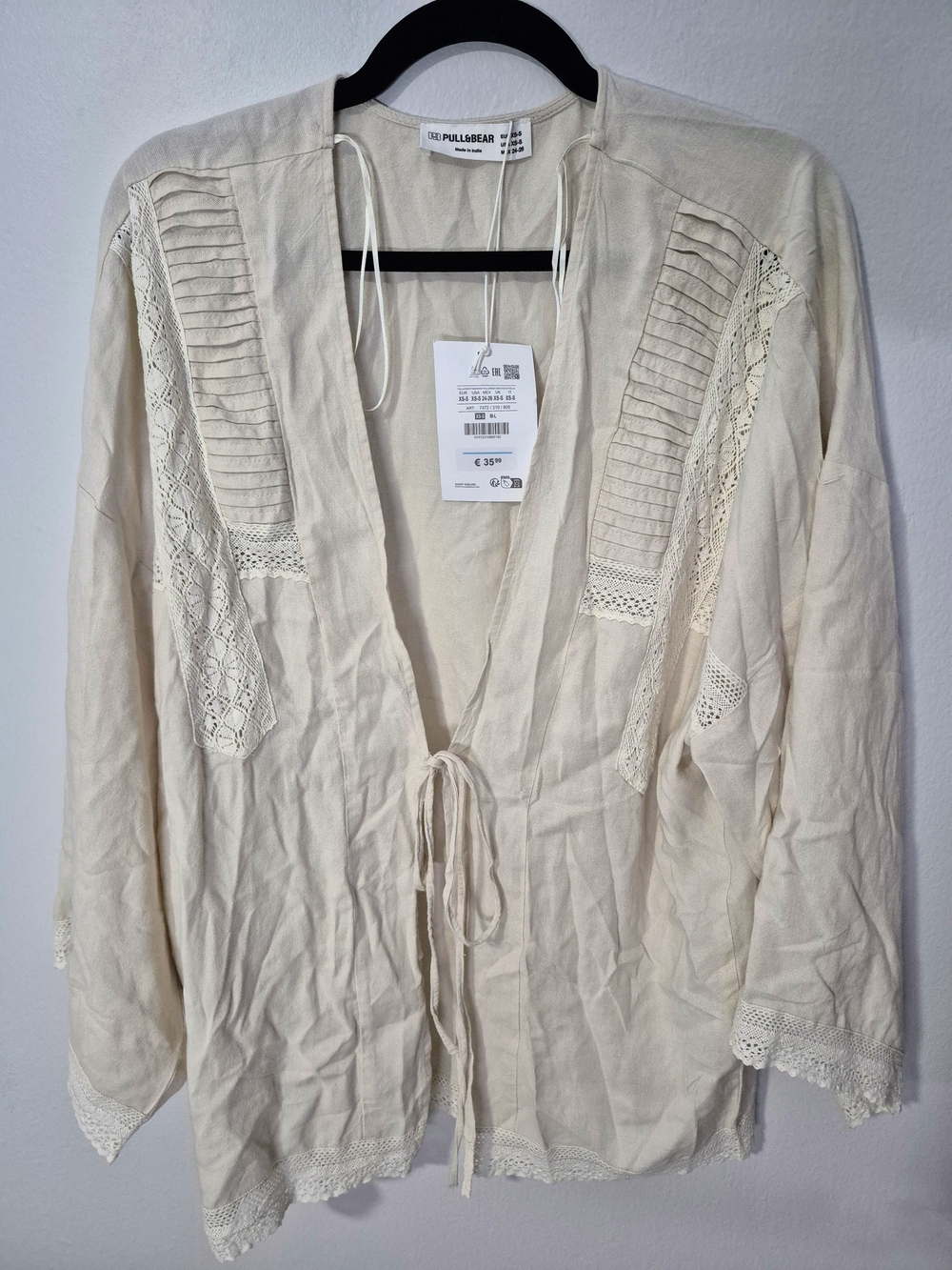 Pull&Bear Cream Lace-Trim Tie-Front Tunic Jacket